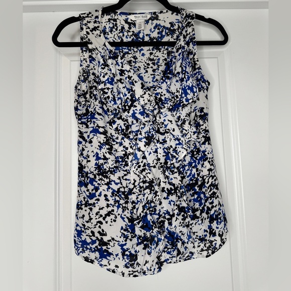 White House Black Market Women’s White, Black, and Blue Blouse w/ Ruffle, Sz 00 - Picture 1 of 6